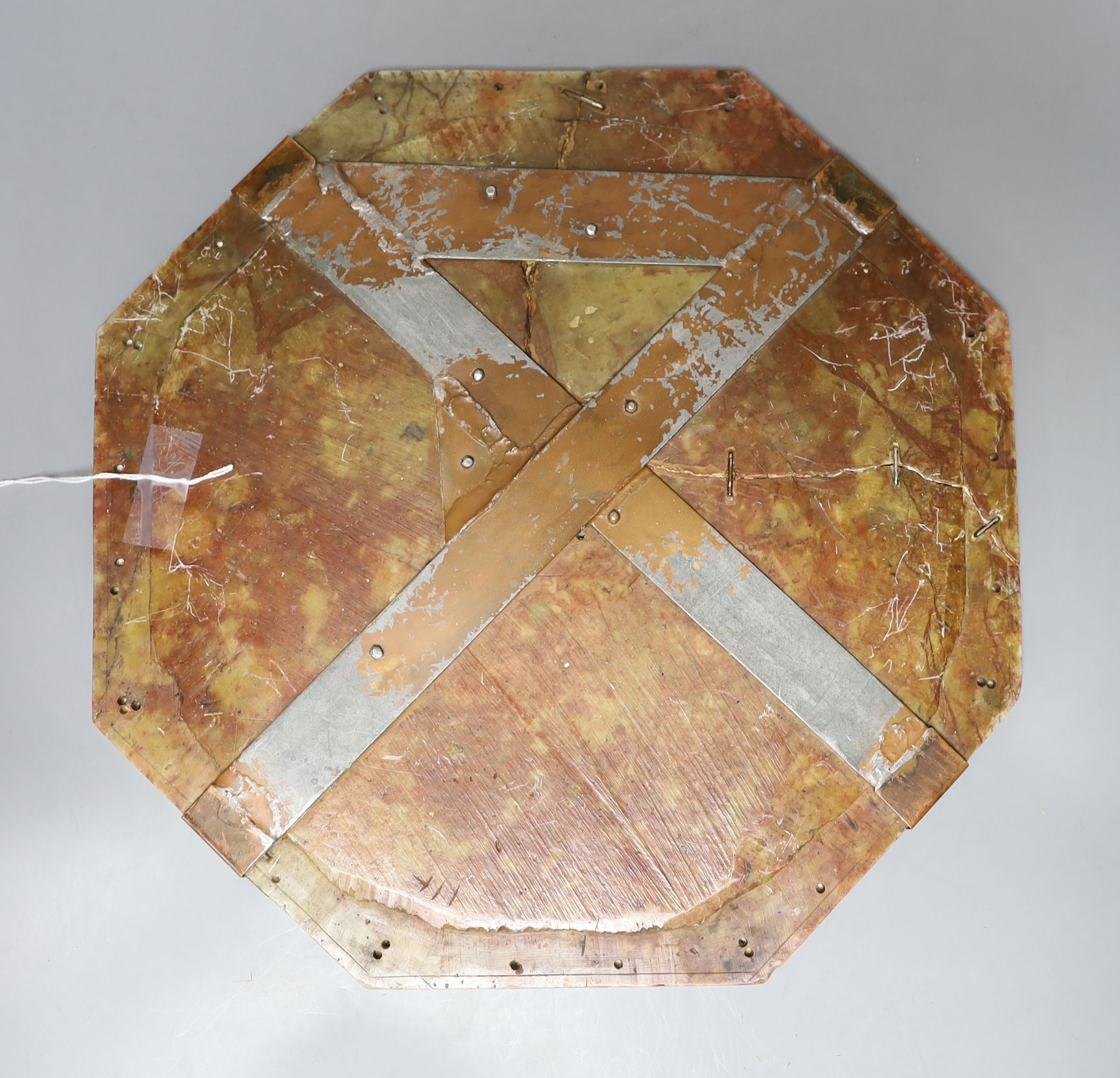 A 19th century Chinese octagonal soapstone inset top (damaged rivet repaired) - 34cm wide